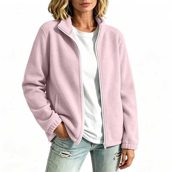Enjoytime Fleece Jacket Women Stand Collar Zip Up Sweat Coats Fall Winter Cozy Casual Outerwear Lightweight Long Sleeve Plus Size Clothes