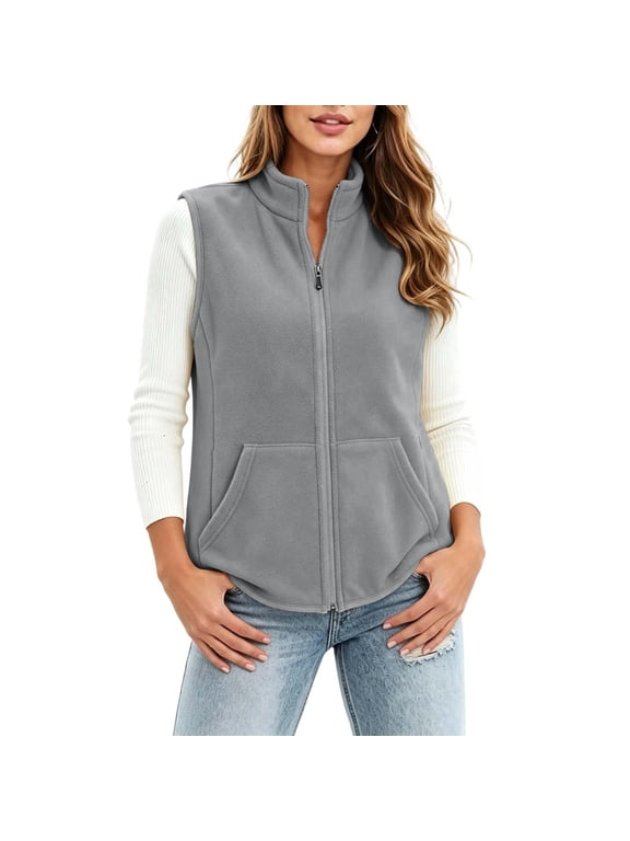 Fleece Vest for Women Stand Collar Sleeveless Zip Up Gilet Plus Size Lightweight Casual Warm Jacket with Pockets