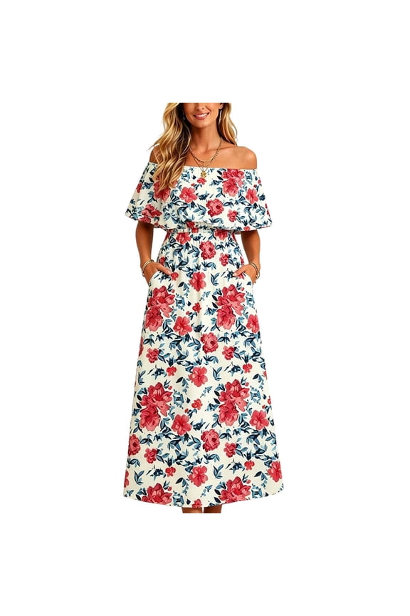 Floral Dress for Women Off Shoulder Short Sleeve Ruffle Maxi Dresses Side Split Beach Vacation Wedding Guest Dresses