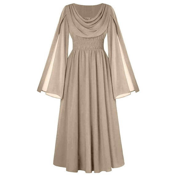 Enjoytime Flowy Dresses for Women Solid Color Long Sleeve Pleated Maxi Dress Fashion Crewneck Elegant Vintage Goth Dress Beige L