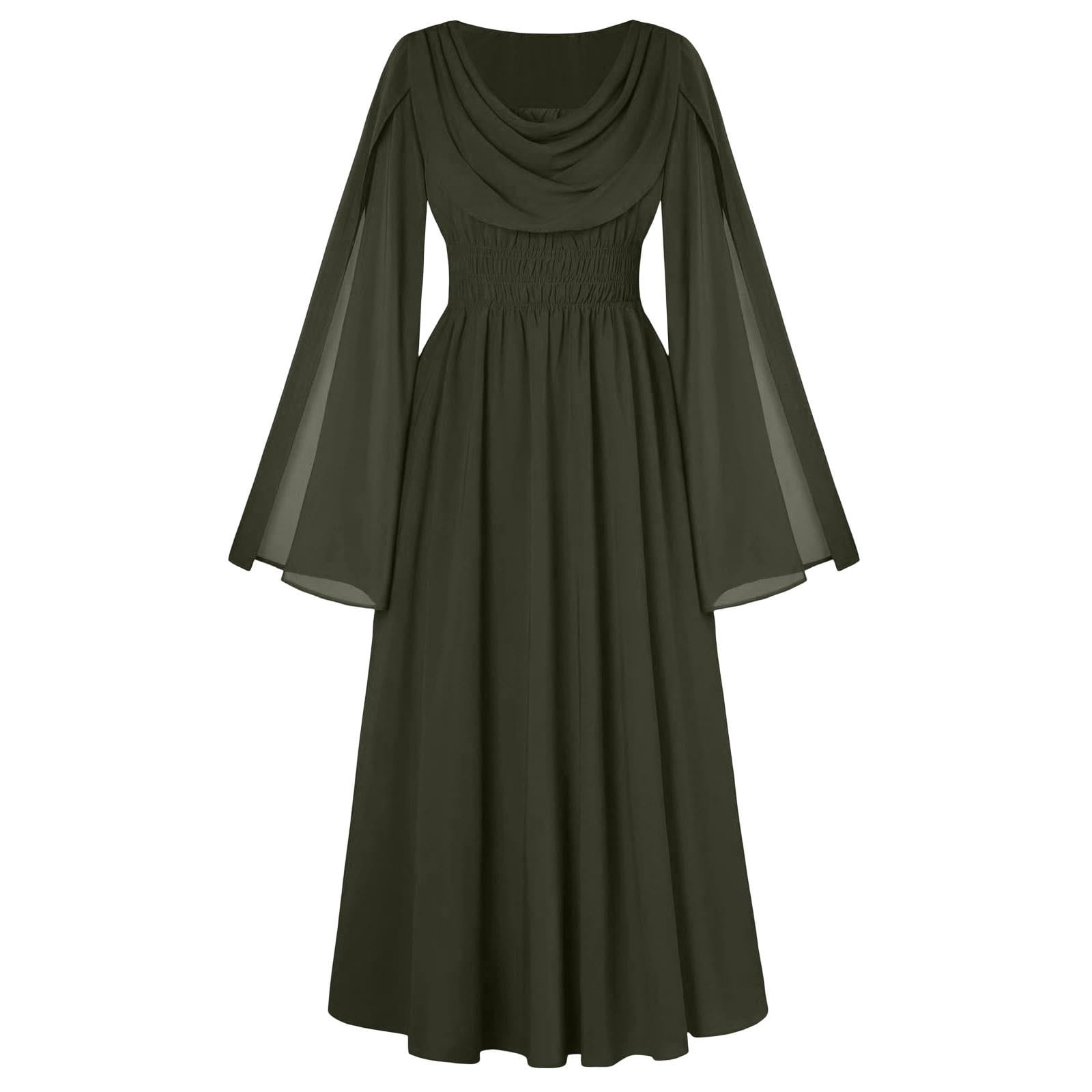 Enjoytime Flowy Dresses for Women Solid Color Long Sleeve Pleated Maxi Dress Fashion Crewneck Elegant Vintage Goth Dress Green XXL