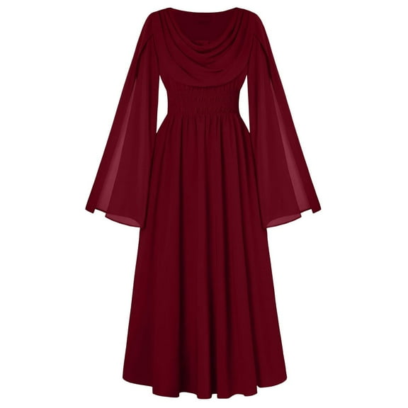 Enjoytime Flowy Dresses for Women Solid Color Long Sleeve Pleated Maxi Dress Fashion Crewneck Elegant Vintage Goth Dress Red L