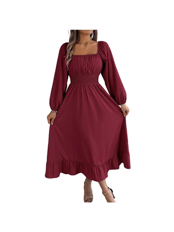 Flowy Dresses for Women Square Neck Smocked Waist Puff Long Sleeve Midi Dress Fall Party Elegant Ruffle Hem A Line Dress