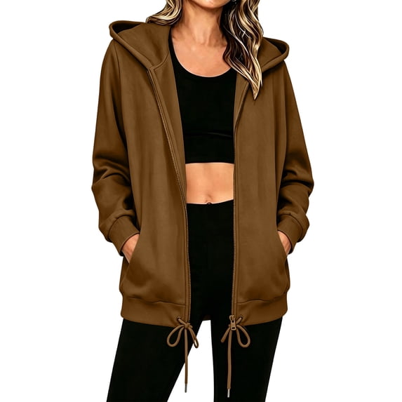 Enjoytime Full Zip Up Hoodie Women Drawstring Long Sleeve Hooded Jacket Fall Winter Fashion Casual Sweatshirt with Pockets