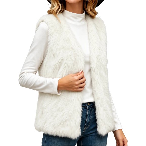Enjoytime Fuzzy Vest for Women Open Front Sleeveless Waistcoat Casual Cozy Warm Fall Winter Outerwear with Pockets
