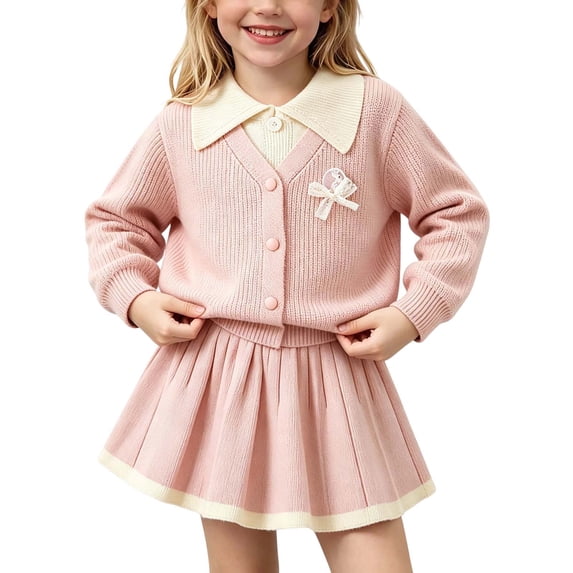 Enjoytime Girls 2 Piece Outfits Long Sleeve Button Knit Sweater Pleated Skirt Matching Set Cute Dressy Holiday Party Kids Toddler Clothes