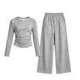 thumbnail image 1 of Enjoytime Girls 2 Piece Outfits Ruched Long Sleeve Tops with Wide Leg Pants Lounge Sets Fall Lightweight Sweatsuit Soft Clothing Set, 1 of 6