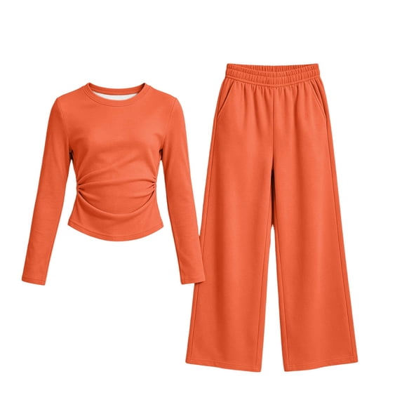 Enjoytime Girls 2 Piece Outfits Ruched Long Sleeve Tops with Wide Leg Pants Lounge Sets Fall Lightweight Sweatsuit Soft Clothing Set