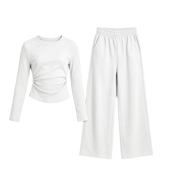 Enjoytime Girls 2 Piece Outfits Ruched Long Sleeve Tops with Wide Leg Pants Lounge Sets Fall Lightweight Sweatsuit Soft Clothing Set