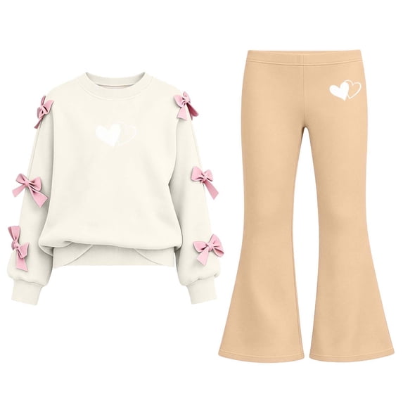 Enjoytime Girls Clothes 2 Piece Fall Outfit Print Long Sleeve Bow Crew Neck Sweatshirt Flare Pants Fashion Clothing Sets