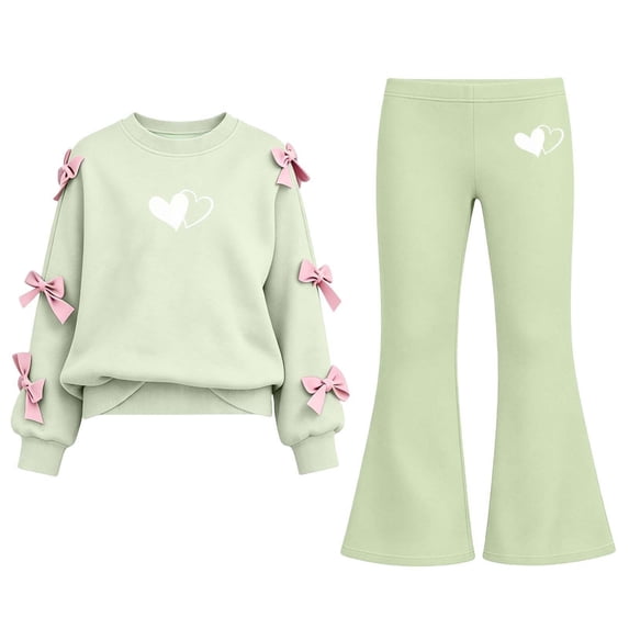 Enjoytime Girls Clothes 2 Piece Fall Outfit Print Long Sleeve Bow Crew Neck Sweatshirt Flare Pants Fashion Clothing Sets