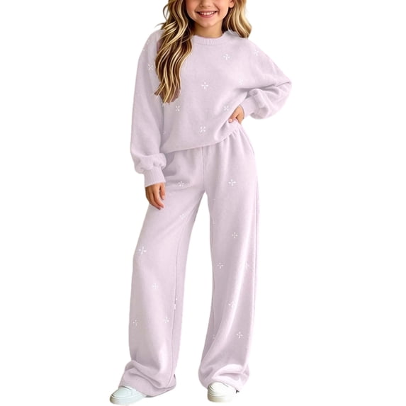 Enjoytime Girls' Clothing Sets Print Crew Neck Sweatshirt Wide Leg Pants 2 Piece Knit Outfits Cozy Fall Winter Clothing Set