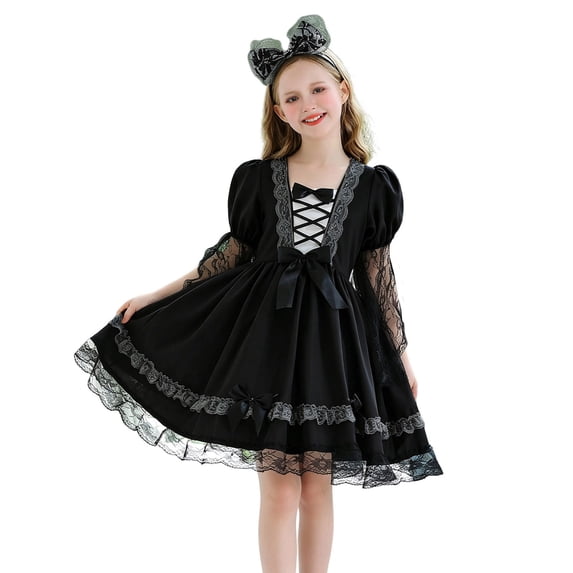 Enjoytime Girls Halloween Costumes Dress Puff Short Sleeve Lace Mesh Gothic Princess Dress Vintage Party Outfit with Lace Headband