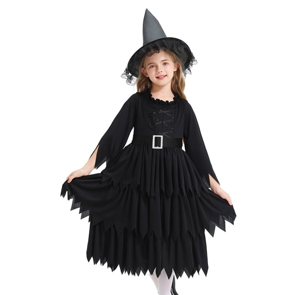 Enjoytime Girls Halloween Costumes Witch Dress Lace Up Witch Dresses with Cape Hat Belt Vintage Party Witch Outfit