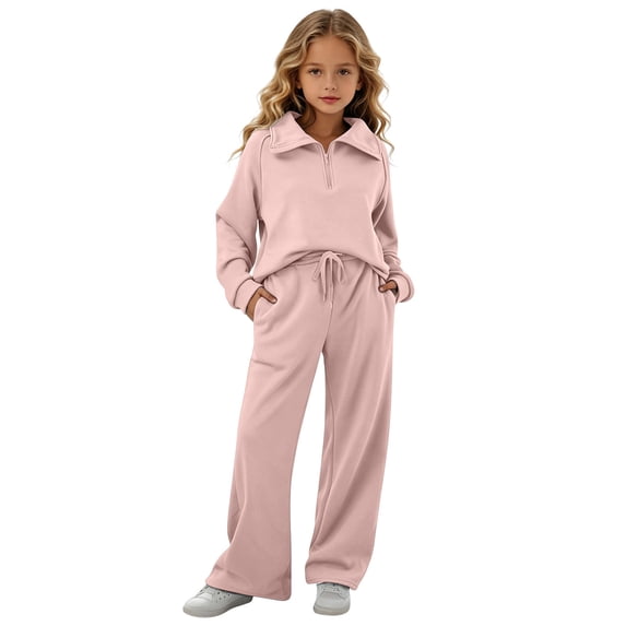 Enjoytime Girls Outfits Collared Quarter Zip Sweatshirt Pants 2 Piece Set Kids Casual Fashion Long Sleeve Sweatsuit