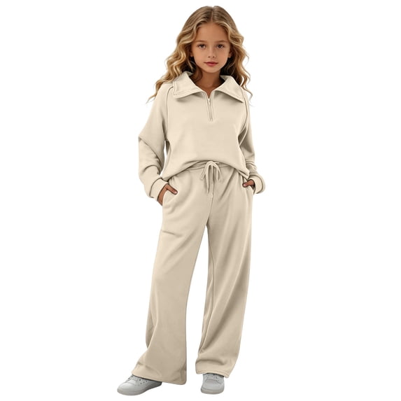 Enjoytime Girls Outfits Collared Quarter Zip Sweatshirt Pants 2 Piece Set Kids Casual Fashion Long Sleeve Sweatsuit