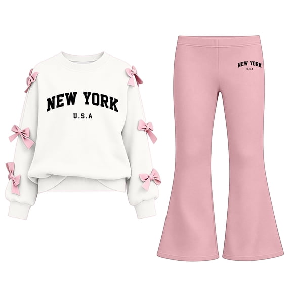 Enjoytime Girls Sets Two Piece Long Sleeve Bow Print Crew Neck Sweatshirt Flare Pants Outfits Fashion Fall Winter Clothing Set