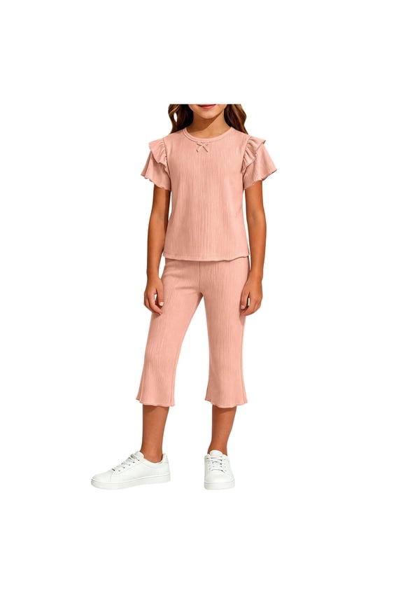 Girls Summer Outfits Ruffle Short Sleeve Tops with Capris Pants 2 Pieces Sets Cute Clothes 2-11 Years