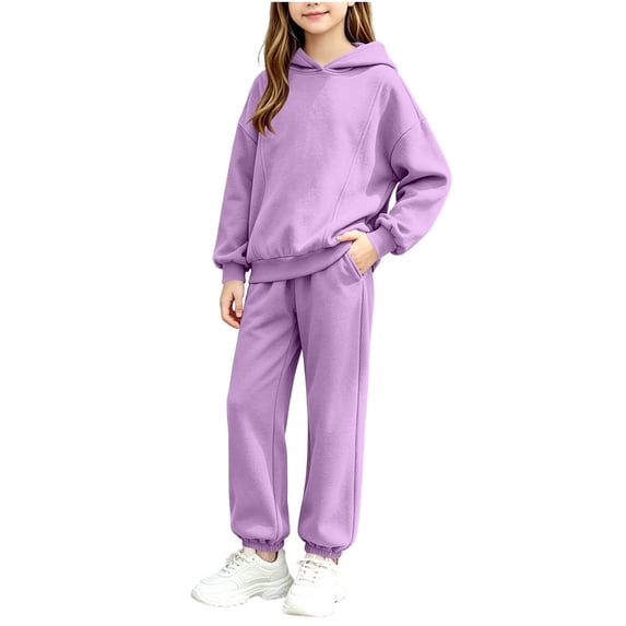 Enjoytime Girls Two Piece Set Long Sleeve Hooded Sweatshirt Pockets Sweatpants Outfits Fall Winter Soft Casual Sweatsuit Sets