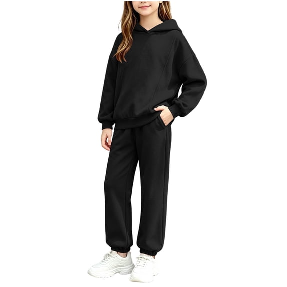 Enjoytime Girls Two Piece Set Long Sleeve Hooded Sweatshirt Pockets Sweatpants Outfits Fall Winter Soft Casual Sweatsuit Sets