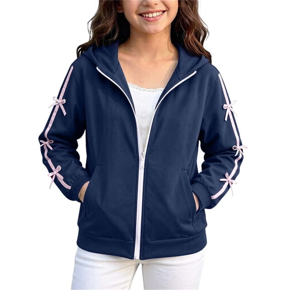 Enjoytime Girls Zip Up Hoodie Kids Side Ribbon Bow Long Sleeve Sweatshirt Fall Fashion Casual Jackets with Pockets
