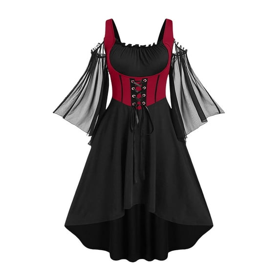 Enjoytime Gothic Dresses for Women Patchwork Flare Long Sleeve Lace Up Midi Dresses Cold Shoulder Vintage Elegant Medieval Dress Red XL