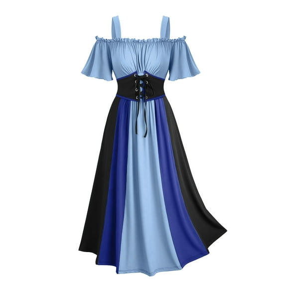 Enjoytime Gothic Dresses for Women Vintage Patchwork High Waisted Dress with Bandage Cold Shoulder Halloween Costumes