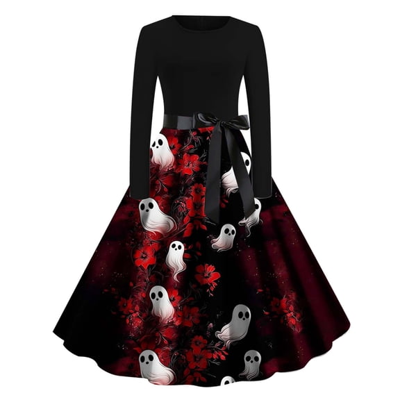 Enjoytime Gothic Vintage Women's Dress Halloween Printed Crew Neck Long Sleeve Midi Dresses Side Bow Tie Witchy Clothes