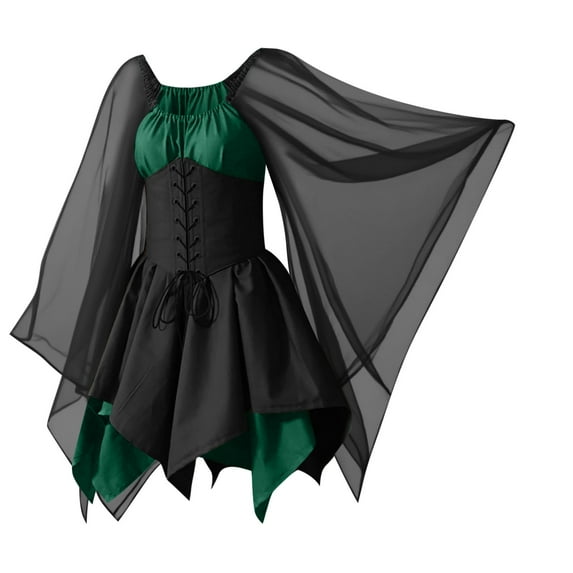 Enjoytime Halloween Costumes Waistband Batwing Long Sleeve Black Mini Dress with Bandage Vintage Medieval Dress for Women Goth Plus Size Dresses Green XXL