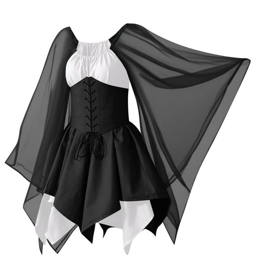 Enjoytime Halloween Costumes Waistband Batwing Long Sleeve Black Mini Dress with Bandage Vintage Medieval Dress for Women Goth Plus Size Dresses White M