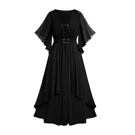 Enjoytime Halloween Costumes Women Solid Color Short Sleeve Midi Dress with Bandage High Waisted Mesh Spliced Double Layer Vintage Dress