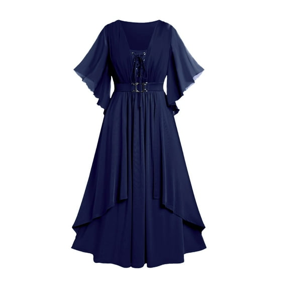 Enjoytime Halloween Costumes Women Solid Color Short Sleeve Midi Dress with Bandage High Waisted Mesh Spliced Double Layer Vintage Dress