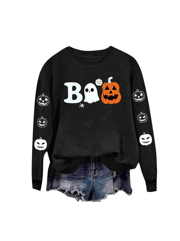 Halloween Crew Neck Sweatshirts Women Ghost Pumpkin Graphic Long Sleeve Pullover Tops Fall Fashion Casual Sweatshirt