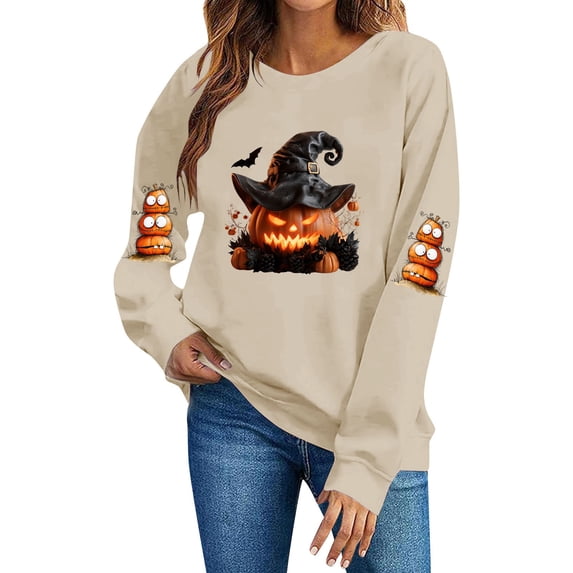 Enjoytime Halloween Crew Neck Sweatshirts Women Vintage Funny Printed Pullover Top Lightweight Casual Long Sleeve Sweatshirt