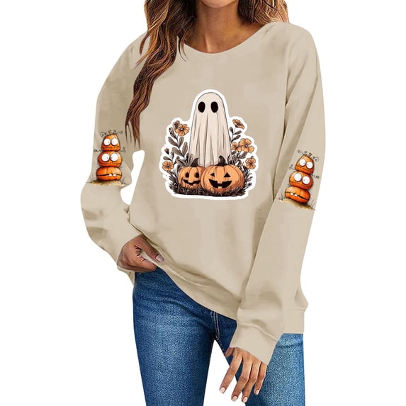 Enjoytime Halloween Crew Neck Sweatshirts Women Vintage Funny Printed Pullover Top Lightweight Casual Long Sleeve Sweatshirt