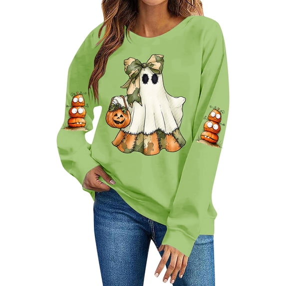 Enjoytime Halloween Crew Neck Sweatshirts Women Vintage Funny Printed Pullover Top Lightweight Casual Long Sleeve Sweatshirt