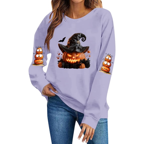 Enjoytime Halloween Crew Neck Sweatshirts Women Vintage Funny Printed Pullover Top Lightweight Casual Long Sleeve Sweatshirt