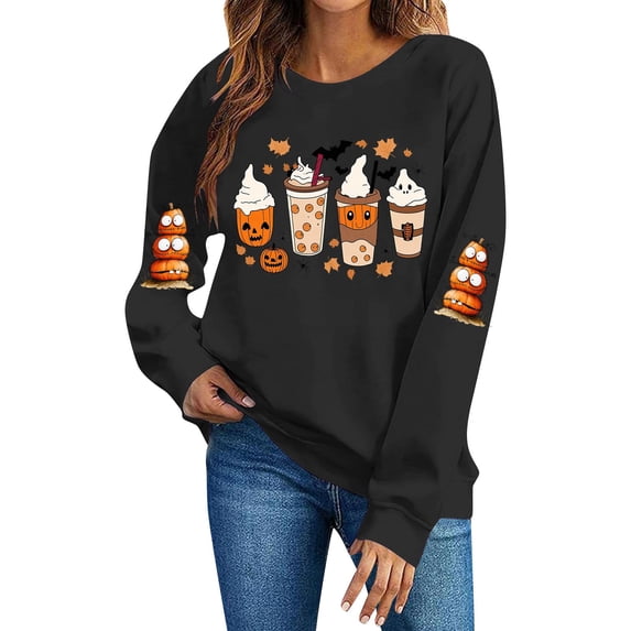 Enjoytime Halloween Crew Neck Sweatshirts Women Vintage Funny Printed Pullover Top Lightweight Casual Long Sleeve Sweatshirt