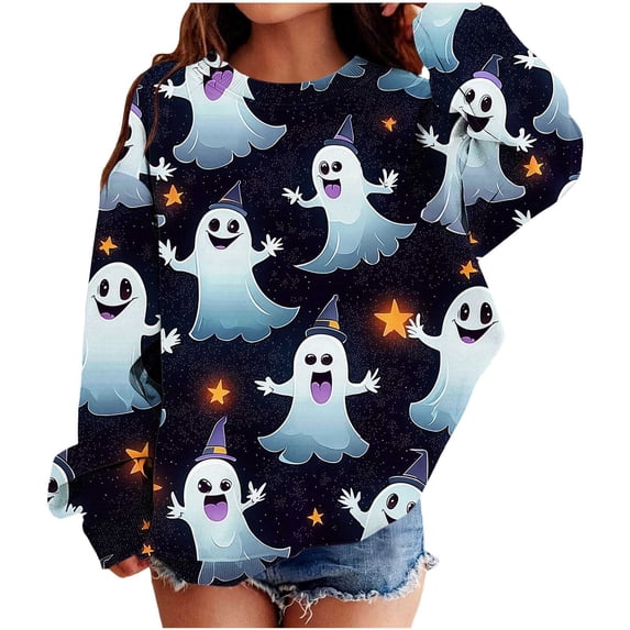 Enjoytime Halloween Crewneck Sweatshirt Cute Ghost Print Long Sleeve Pullover Tops Fall Fashion Boys Girls Clothes 1-13 Years