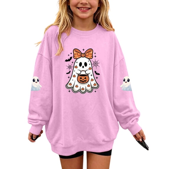 Enjoytime Halloween Crewneck Sweatshirt Ghost Graphic Long Sleeve Pullover Top Cute Fall Fashion Toddler Girl Clothes 1-14 Years