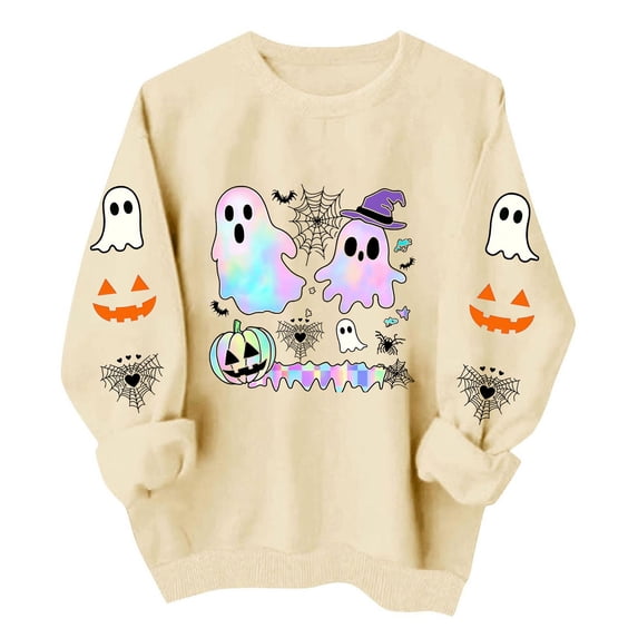Enjoytime Halloween Crewneck Sweatshirts Women Fall Fashion Long Sleeve Pullover Tops Casual Cute Ghost Graphic Sweatshirt