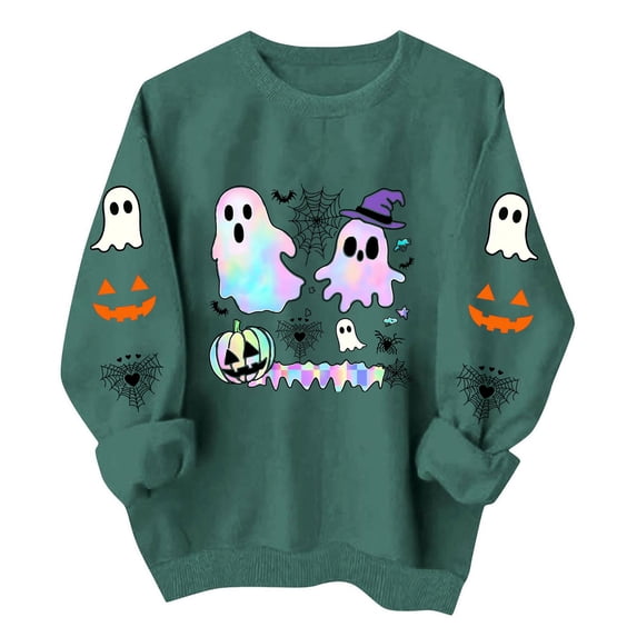 Enjoytime Halloween Crewneck Sweatshirts Women Fall Fashion Long Sleeve Pullover Tops Casual Cute Ghost Graphic Sweatshirt