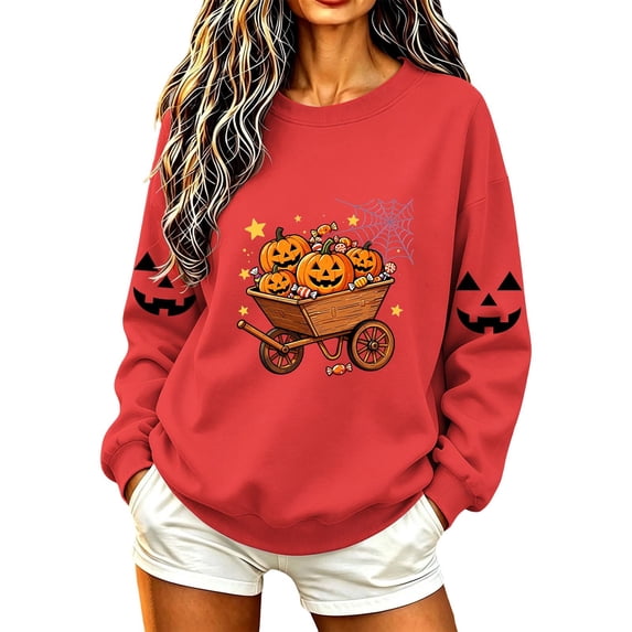 Enjoytime Halloween Crewneck Sweatshirts Women Pumpkin Graphic Long Sleeve Fall Fashion Casual Pullover Top