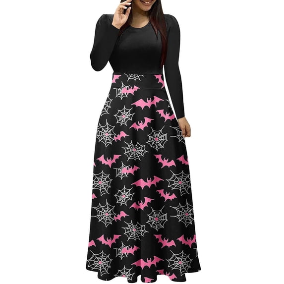 Enjoytime Halloween Dress for Women Vintage Print Patchwork Long Sleeve Maxi Dresses Fall Crew Neck A Line Party Dress