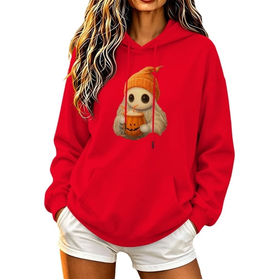 Enjoytime Halloween Ghost Hoodies for Women Long Sleeve Pullover Hoodie Fall Cute Casual Spooky Season Sweatshirt