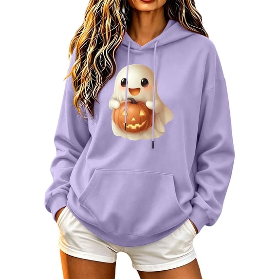 Enjoytime Halloween Ghost Hoodies for Women Long Sleeve Pullover Hoodie Fall Cute Casual Spooky Season Sweatshirt