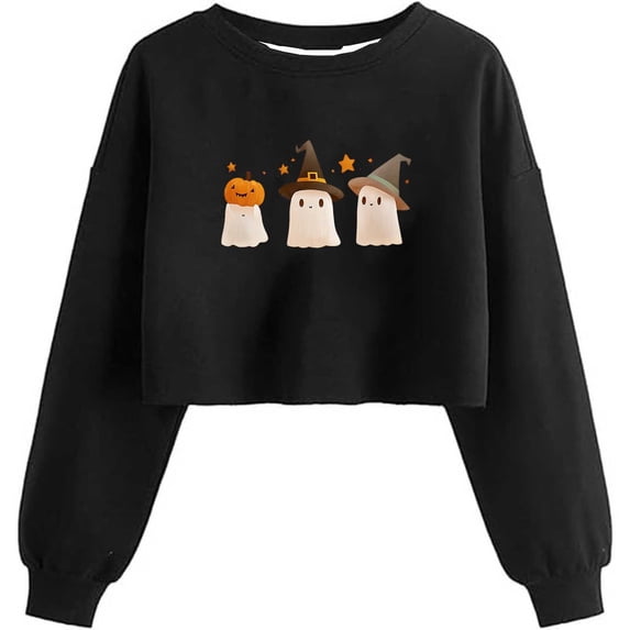 Enjoytime Halloween Ghost Womens Sweatshirts Funny Spooky Season Long Sleeve Pullover Tops Cute Printed Crewneck Cropped Sweatshirt Black L