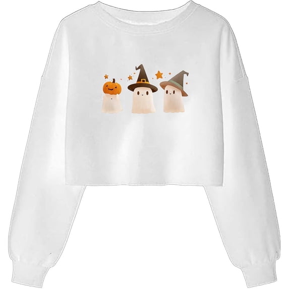 Enjoytime Halloween Ghost Womens Sweatshirts Funny Spooky Season Long Sleeve Pullover Tops Cute Printed Crewneck Cropped Sweatshirt White XXL