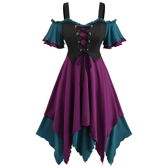 Enjoytime Halloween Gothic Dresses for Women Cold Shoulder Masquerade Gown Bandage Dress Midi Dress Sleeveless Lace Up Irregular Costume