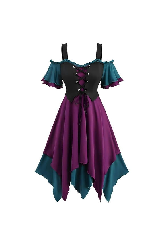 Halloween Gothic Dresses for Women Cold Shoulder Masquerade Gown Bandage Dress Midi Dress Sleeveless Lace Up Irregular Costume